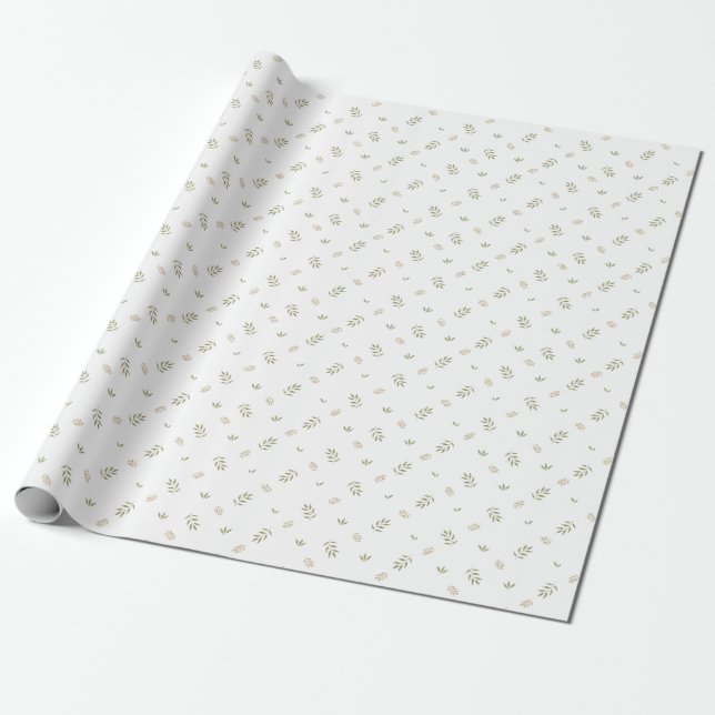 Soft Green White Tan Petite Playful Botanical Gift Wrapping Paper (Unrolled)
