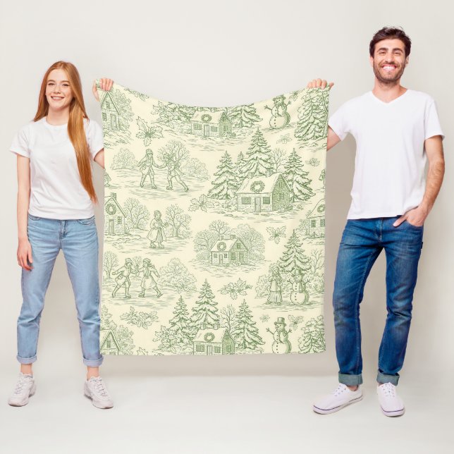 Soft Green Winter Village Toile Pattern Fleece Blanket (In Situ)