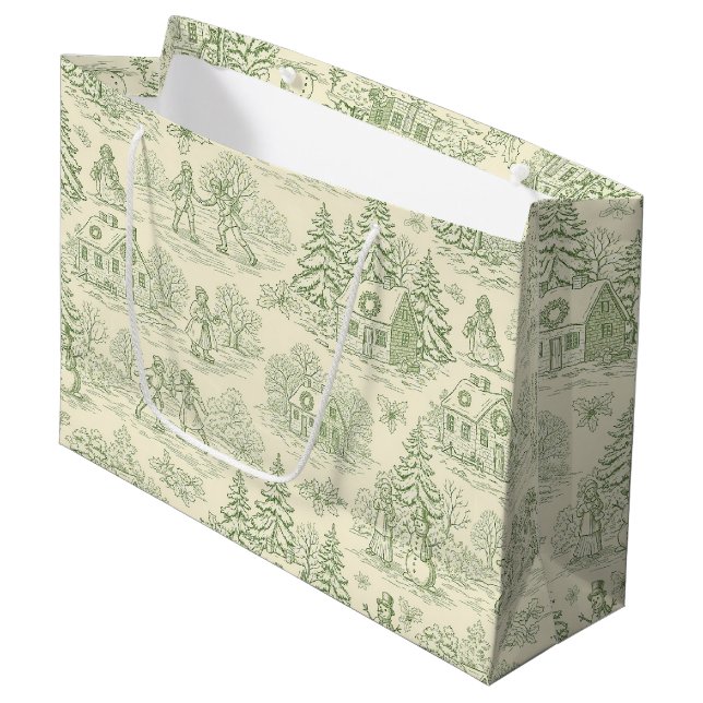 Soft Green Winter Village Toile Pattern Large Gift Bag (Front Angled)
