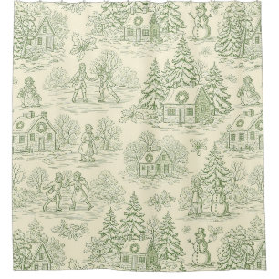 Soft Green Winter Village Toile Pattern Shower Curtain