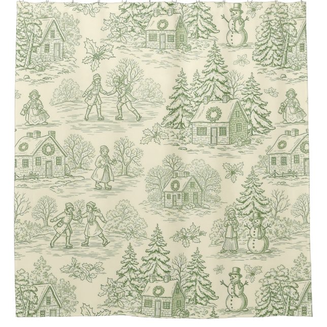 Soft Green Winter Village Toile Pattern Shower Curtain (Front)