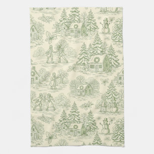 Soft Green Winter Village Toile Pattern Tea Towel