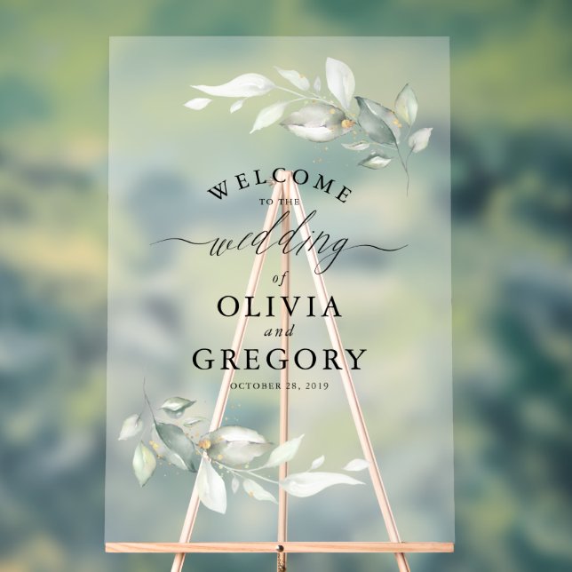 Soft Greenery and Gold Minimalist Wedding Welcome Acrylic Sign (Neutral)