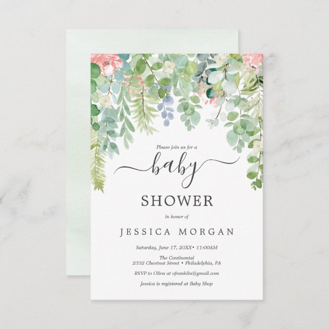 Soft Greenery Baby Shower Invitation Card (Front/Back)