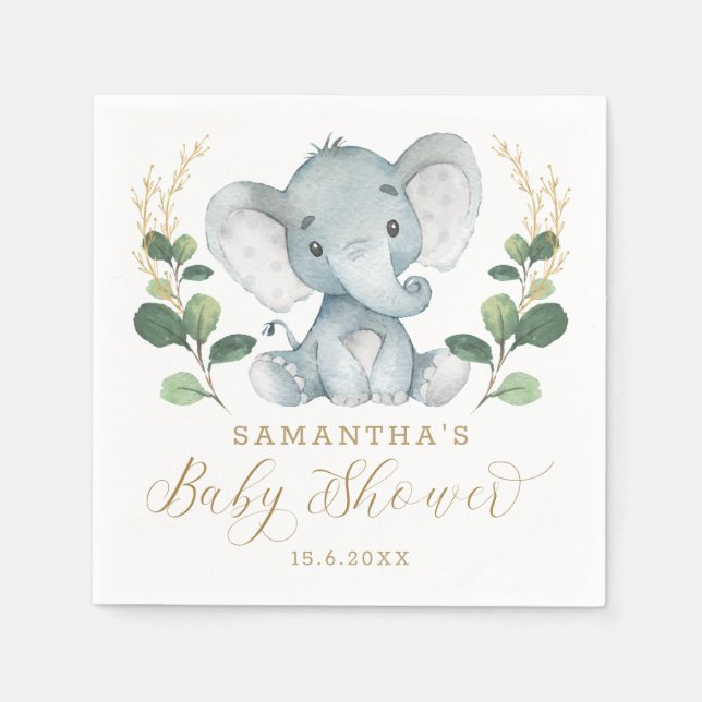 Soft Greenery Elephant Green Gold Baby Shower Napkin (Front)