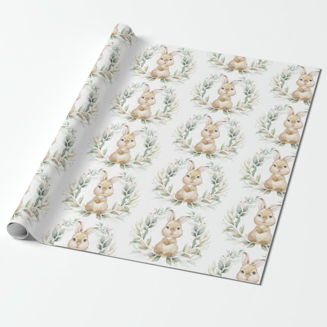 Soft Greenery Gold Bunny Easter Rabbit Baby Shower Wrapping Paper (Unrolled)
