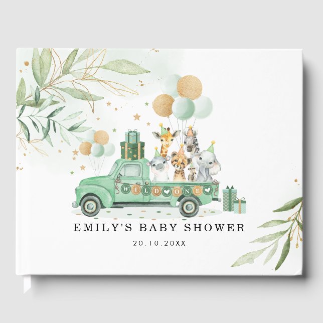Soft Greenery Gold Safari Jungle Baby Shower Guest Book (Front)