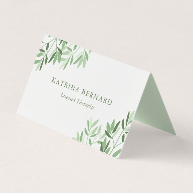 Soft Greenery Therapist Photo & QR Code Business Card (Front)