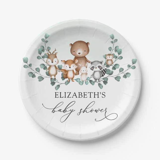 Soft Greenery Woodland Animals Baby Shower Decor Paper Plate (Front)