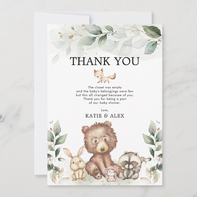 Soft Greenery Woodland Animals Baby Shower Thank You Card (Front)