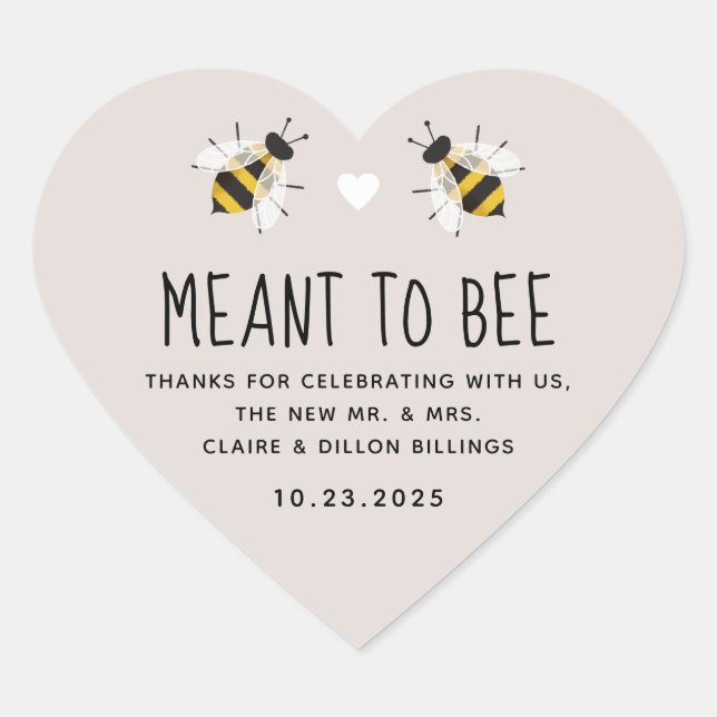 Soft Greige Meant to Bee Honey Wedding Favour Heart Sticker (Front)