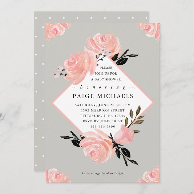 Soft Grey and Blush Floral Baby Shower Invitation (Front/Back)