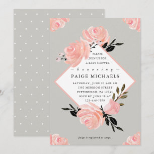 Soft Grey and Blush Floral Baby Shower Invitation