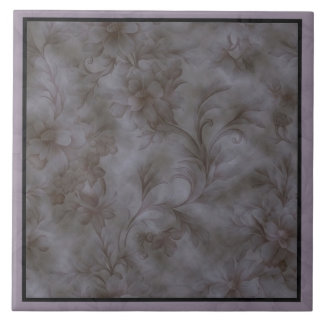 Soft grey and lavender floral scroll design tile