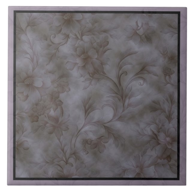 Soft grey and lavender floral scroll design tile (Front)