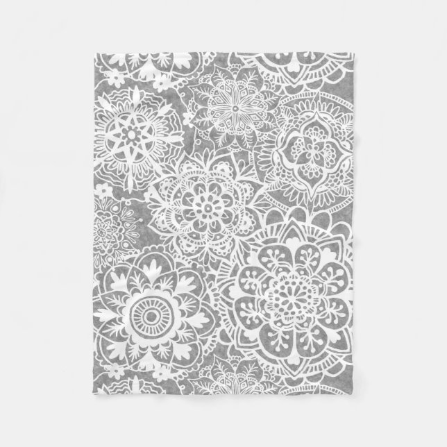 Soft Grey and White Mandala Pattern Fleece Blanket (Front)