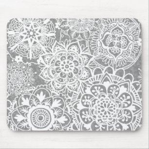 Soft Grey and White Mandala Pattern Mouse Mat