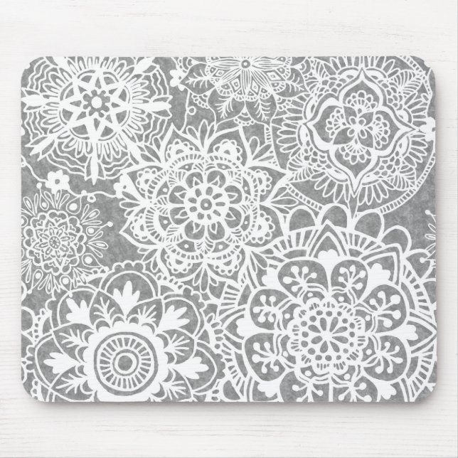 Soft Grey and White Mandala Pattern Mouse Mat (Front)