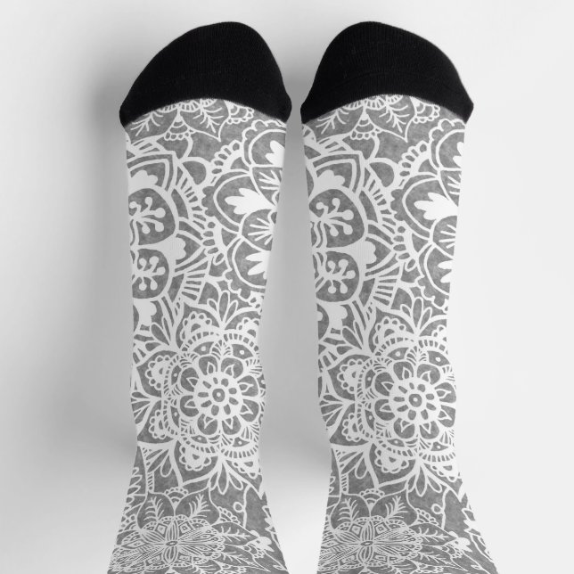 Soft Grey and White Mandala Pattern Socks (Top)