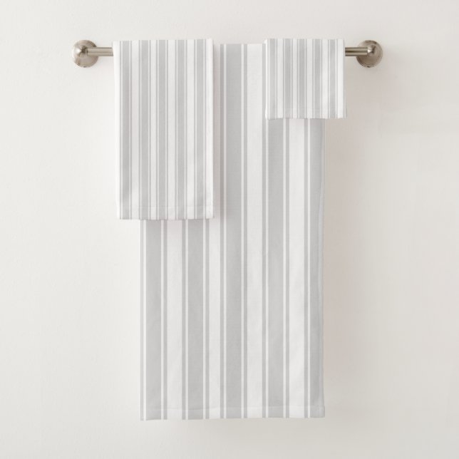 Soft Grey and White Ticking Stripe Bath Towel Set (Insitu)
