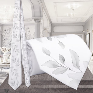 Soft Grey Eucalyptus On Pure White Wedding Tie