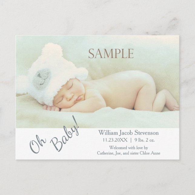 Soft Grey Oh Baby Modern Birth Announcement Postcard (Front)