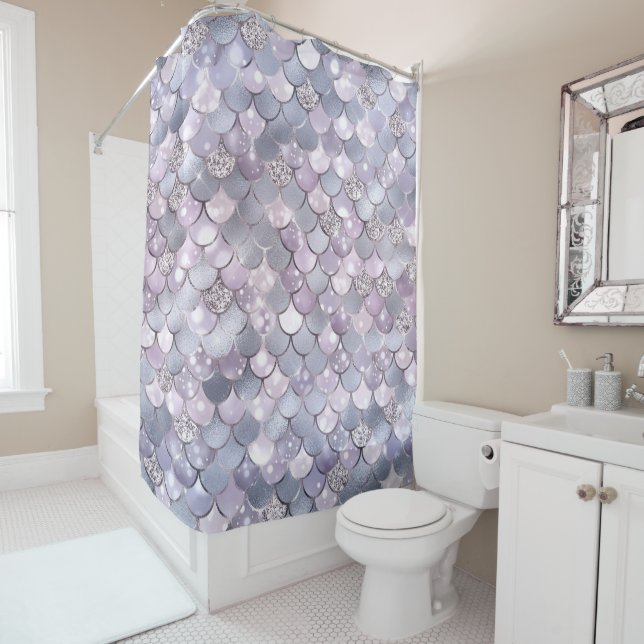 Soft Grey Pink Mermaid Scales Glitter Shiny Chic Shower Curtain (In Situ)