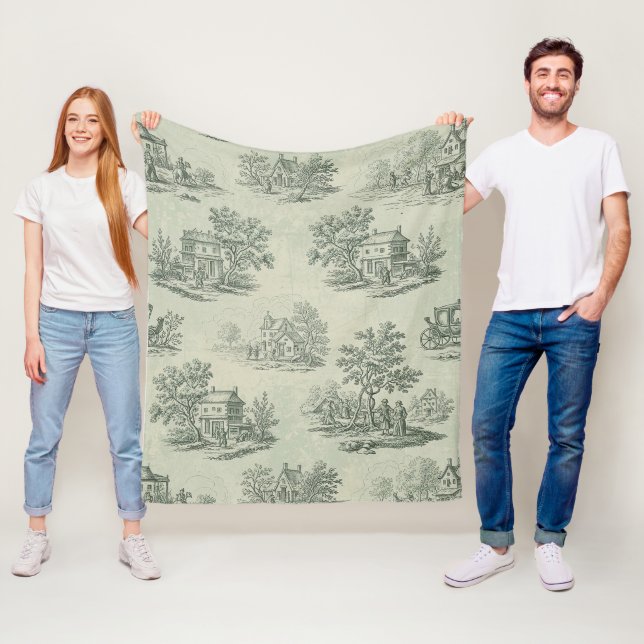 Soft Grey Rustic Farm Toile Countryside Fleece Blanket (In Situ)