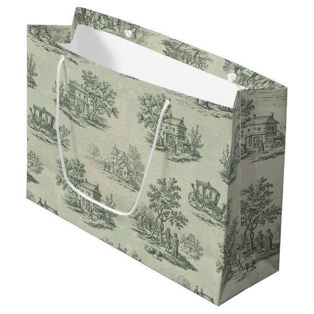 Soft Grey Rustic Farm Toile Countryside Large Gift Bag (Front Angled)