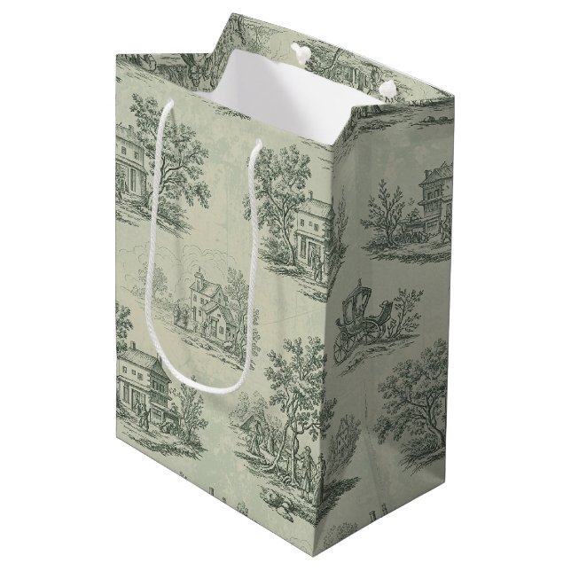 Soft Grey Rustic Farm Toile Countryside Medium Gift Bag (Front Angled)