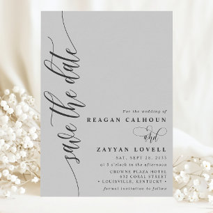 Soft Grey Simple Modern Script Save The Date
