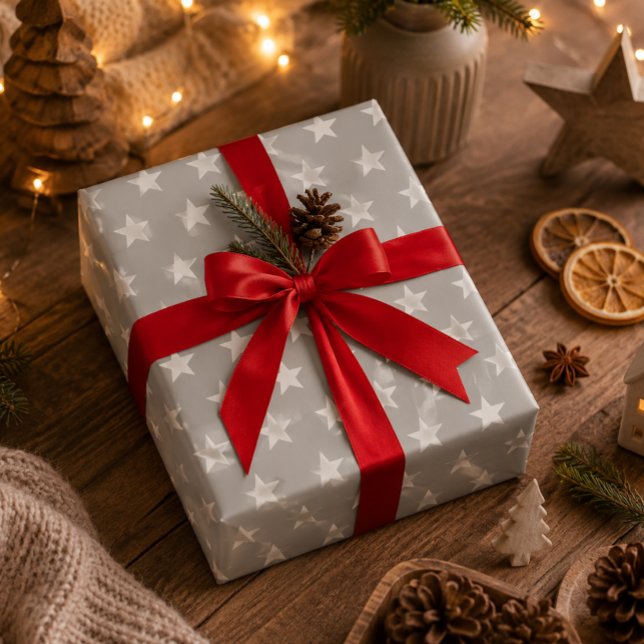 Soft Grey Stars Wrapping Paper (Soft gray star wrapping paper adds timeless elegance to Christmas gifts and holiday celebrations.)