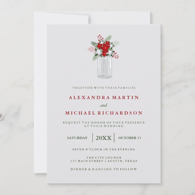 Soft Grey Winter Holiday Mason Jar Wedding Invitation (Front)