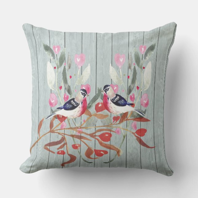 Soft Grey Wood Barn Effect Birds Flowers Large Cushion (Front)