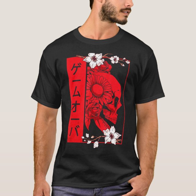 Soft Grunge Aesthetic Skull And Sakura Flowers Gam T-Shirt (Front)