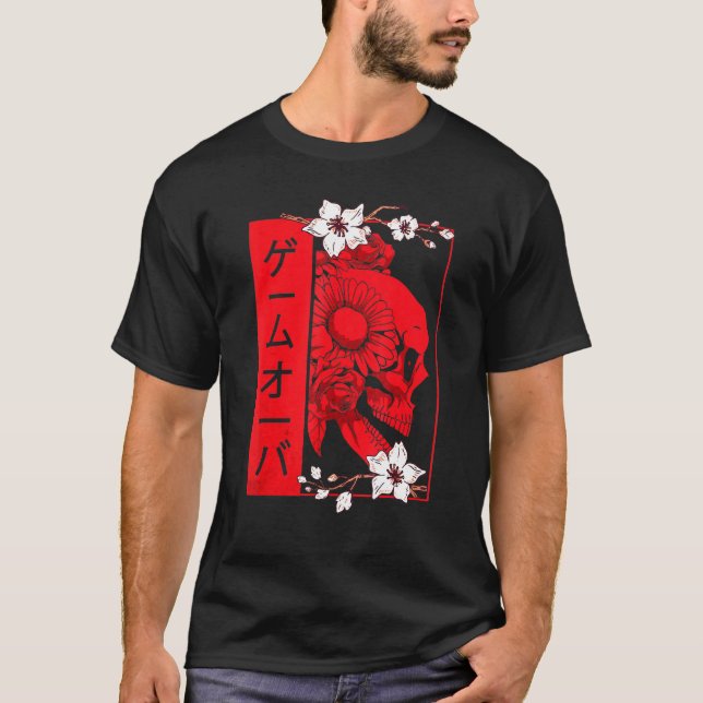 Soft Grunge Aesthetic Skull And Sakura Flowers Gam T-Shirt (Front)