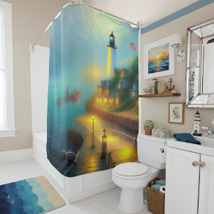 Soft harbour and lighthouse shower curtain