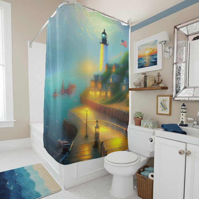 Soft harbour and lighthouse shower curtain (Creator Uploaded)