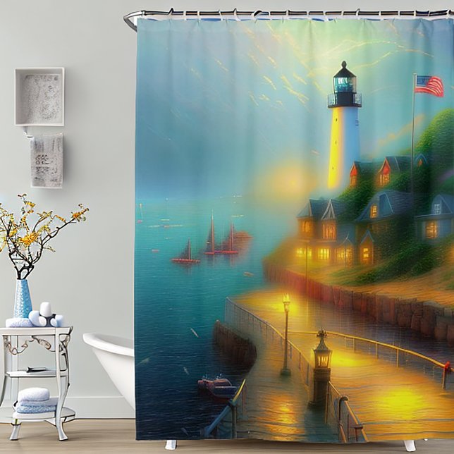 Soft harbour and lighthouse shower curtain (Creator Uploaded)