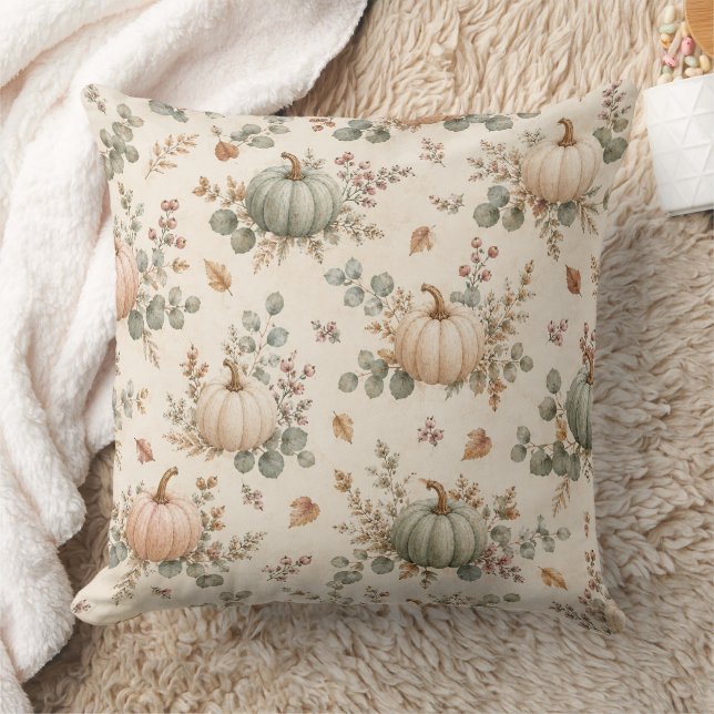 Soft Harvest Pastel Pumpkin & Eucalyptus Pattern Cushion (Blanket)
