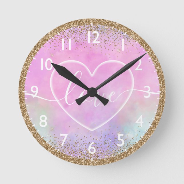 Soft Heart on pastel gradient ombre Love Round Clock (Front)