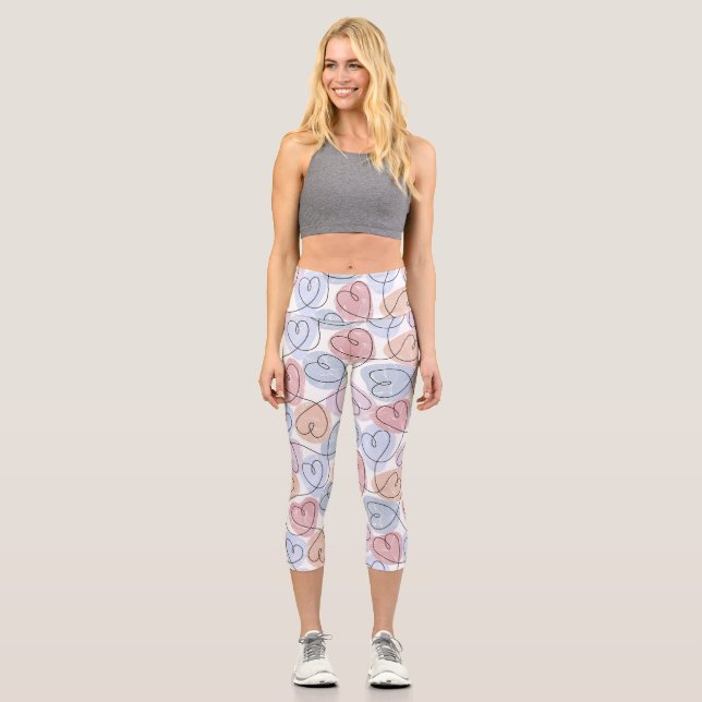Soft Hearts: Continuous Line Valentine's Capri Leggings (Front)