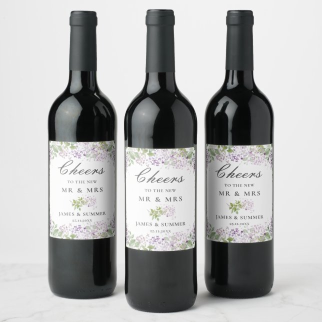 Soft Hued Delicate Lilac Purple Floral Wedding  Wine Label (Bottles)