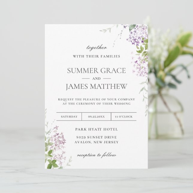 Soft Hued Lilac Purple Floral Greenery Wedding  Invitation (Standing Front)