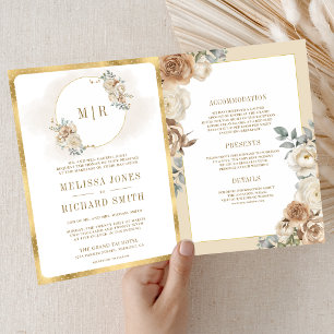 Soft Ivory Beige Floral Gold All in One Wedding Invitation
