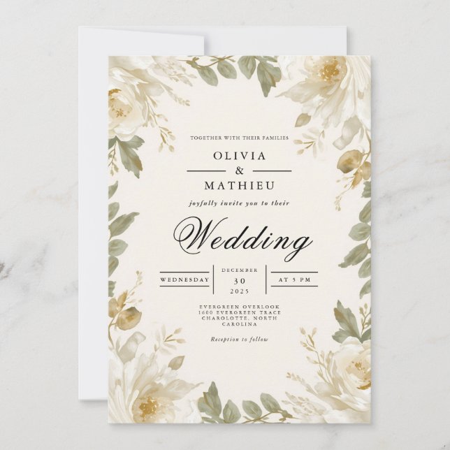 Soft Ivory Floral Border Wedding Invitation (Front)