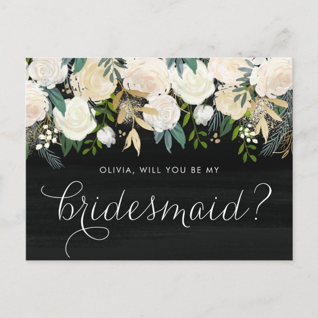 Soft Ivory Floral Garland Rustic Be My Bridesmaid Invitation Postcard (Front)