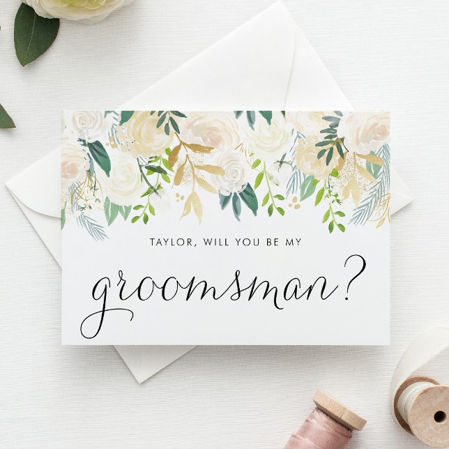 Soft Ivory Floral Garland Will You Be My Groomsman Card (Botanical groomsman proposal card with ivory flowers, greenery, and faux gold foil accent.)