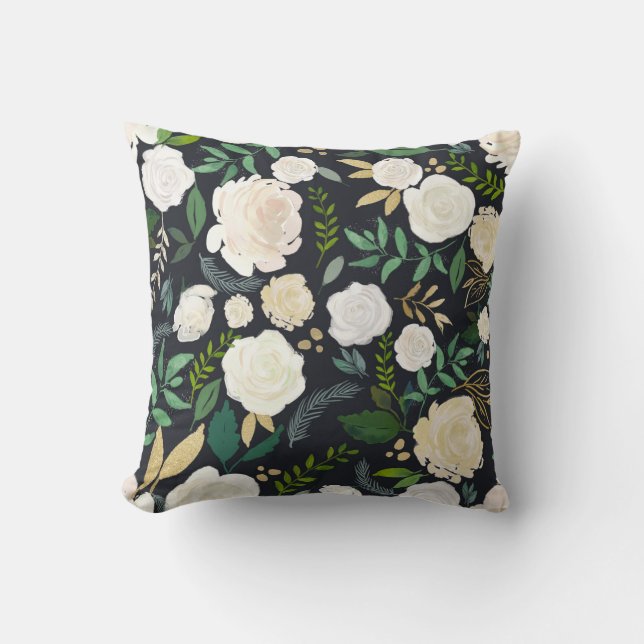 Soft Ivory Floral Pattern with Gold Glitter Black Cushion (Front)
