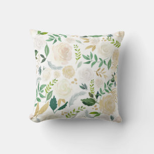 Soft Ivory Floral Pattern with Gold Glitter White Cushion
